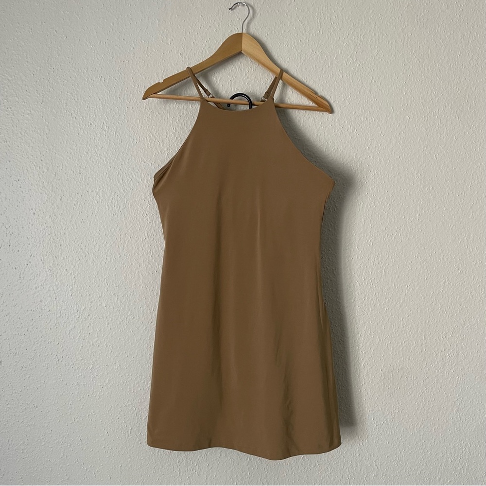 Girlfriend Collective Brown Halter workout mini dress.